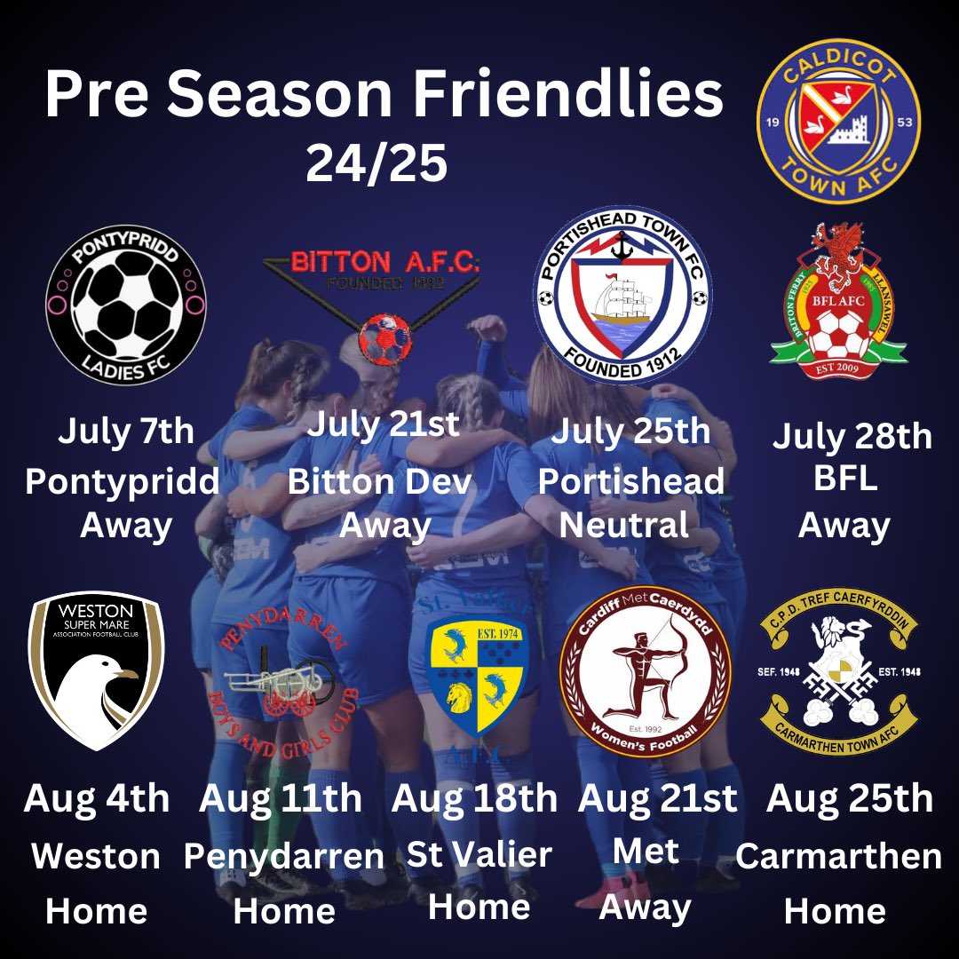 🚨 Pre-Season Schedule 🚨

Our friendlies building towards the 24/25 season see us starting with a game against Pontypridd Ladies and finishing off hosting <a href="/CTAFCWomen/">Carmarthen Town FC Women</a>. 

#UppaTown🔵