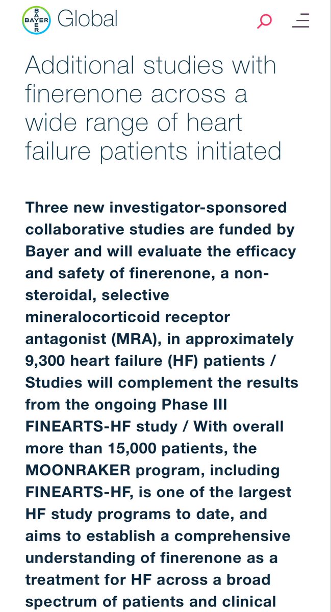 #FINEARTSHF has studied pts w HF &amp; LVEF≥40% so will only be applicable to #HFmrEF/#HFpEF

#FINALITYHF however will study finerenone vs PBO in n=2,600 pts w #HFrEF intolerant to a steroidal MRA

#MOONRAKER program to summarize the totality of evidence across the #LVEF spectrum 👇🏾