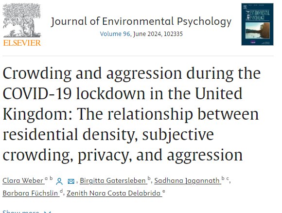 Environmental Psychology Research Group (@eprg_surrey) on Twitter photo Fantastic new open access <a href="/JEnvPsych/">Journal of Environmental Psychology</a> publication from our group on crowding and aggression during COVID-19 lockdowns.
A new investigation on a classic environmental psychology topic w/ Clara Weber <a href="/ZHAW/">ZHAW</a>, <a href="/BGatersleben/">Birgitta Gatersleben</a> & <a href="/sadhanaj9/">Sadhana Jagannath</a>
sciencedirect.com/science/articl⦠Fantastic new open access <a href="/JEnvPsych/">Journal of Environmental Psychology</a> publication from our group on crowding and aggression during COVID-19 lockdowns.
A new investigation on a classic environmental psychology topic w/ Clara Weber <a href="/ZHAW/">ZHAW</a>, <a href="/BGatersleben/">Birgitta Gatersleben</a> & <a href="/sadhanaj9/">Sadhana Jagannath</a>
sciencedirect.com/science/articlā¦