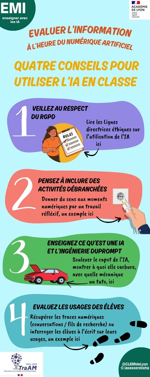 🛟Quatre conseils à avoir en tête pour utiliser l'#IA en classe, une ressource #TraAM #EMI de l'Académie de Lyon
📁traam-emi.edu69.ac-lyon.fr/wp-content/upl…