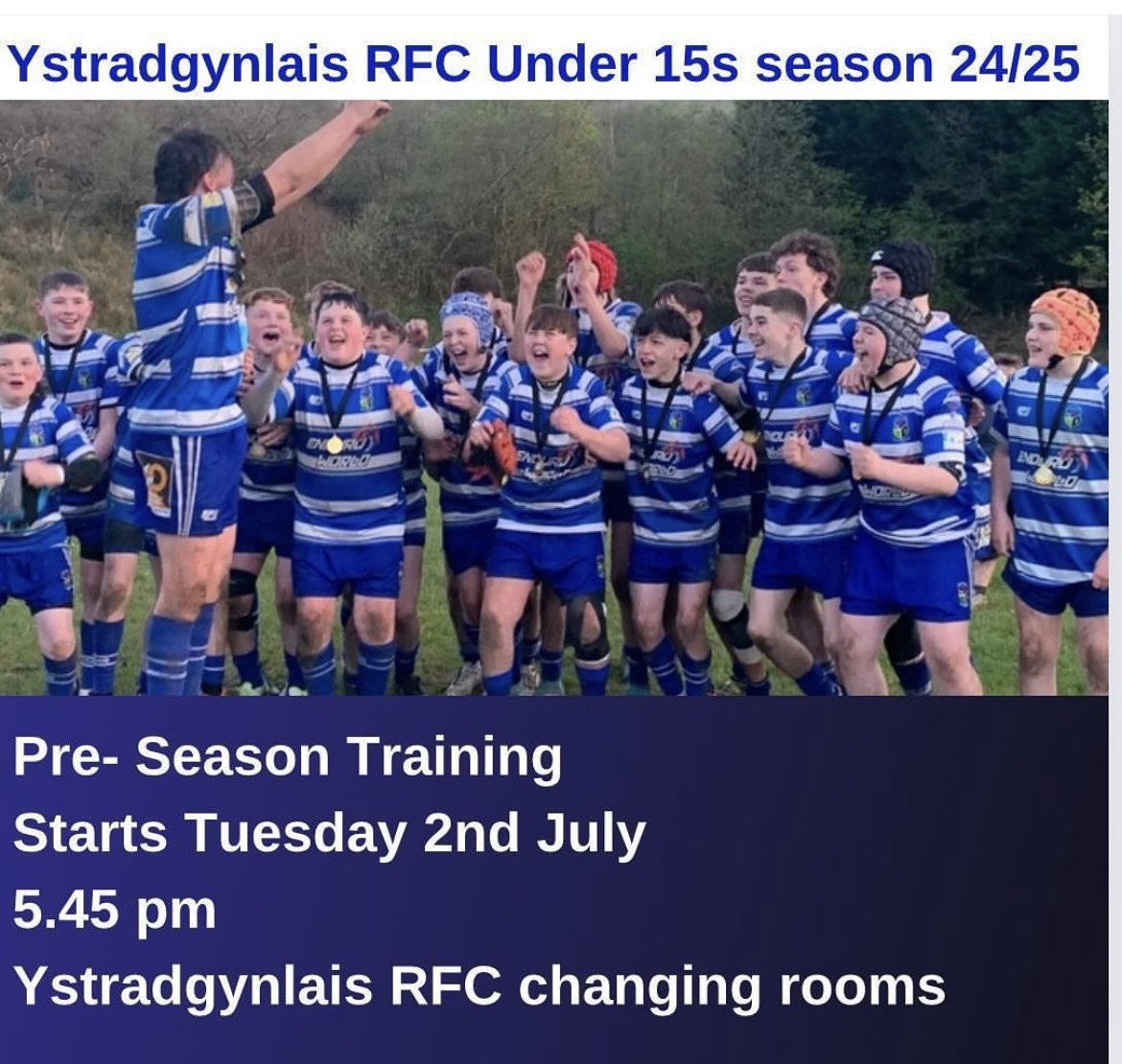 ystradbluesrfc's tweet photo. Our U15s Pre season training will start back on Tuesday 2nd July at 5 45pm. We cant wait to welcome the boys back. New players also welcome. 🔵⚪️🔵⚪️🔵
#DyfodolGlas #ThePeoplesClub #BlueTown https://t.co/k4zovO4Zbd