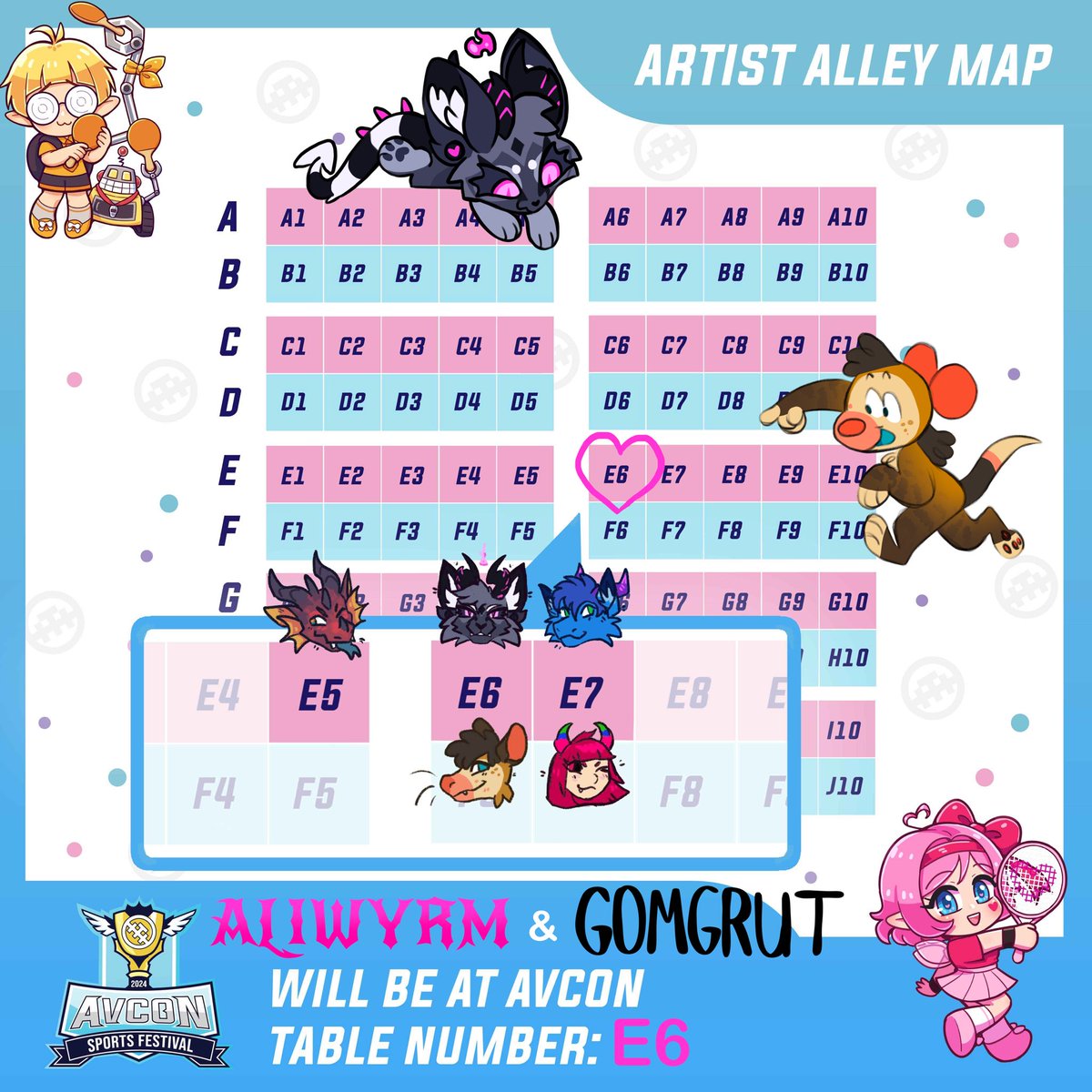 Come see <a href="/Gomgrut/">gom 🦋</a> and I at table E6 tomorrow for AVCONNN!!! We’re tabling between to <a href="/meroaw/">gaia 🐉🍉 🔜 CONFUZZLED</a> and <a href="/SNAPPAKAPPA/">SNAPPA (same on 🦋)</a> 😏💕 <a href="/TeamAVCon_/">AVCon Anime & Gaming Festival</a> #avcon #avcon2024