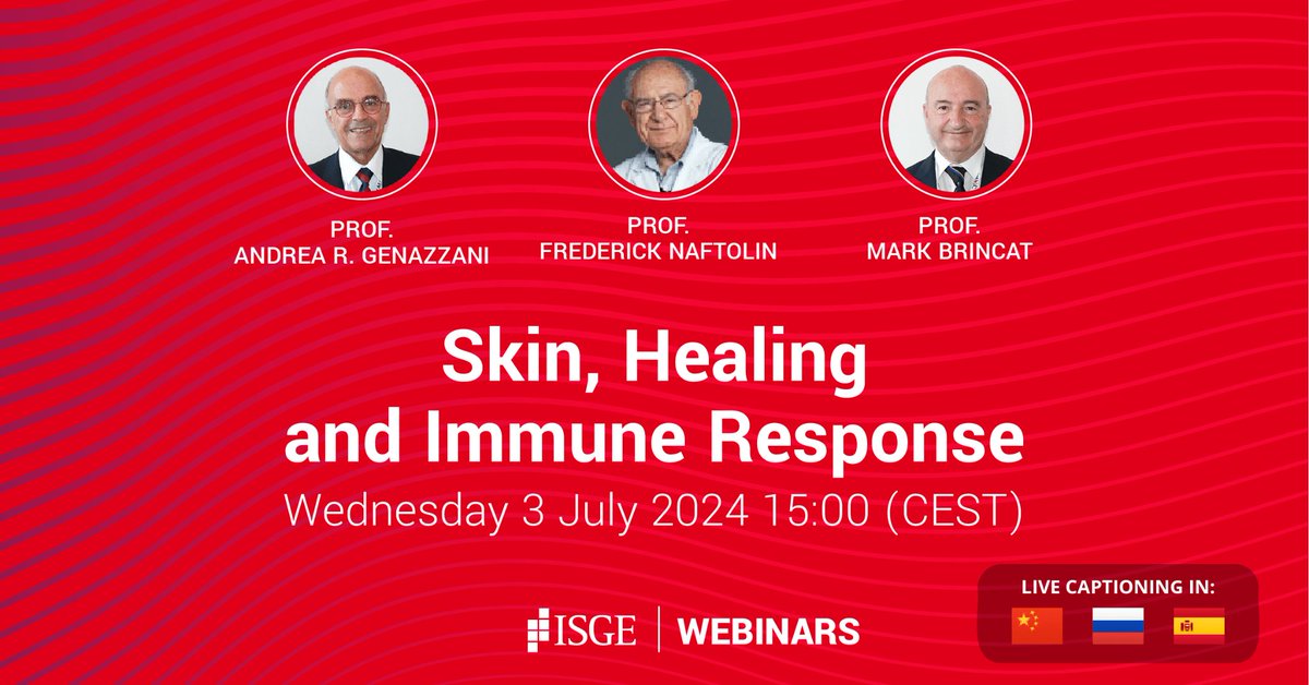 #ISGEwebinar
Join us for the upcoming webinar "Skin, Healing and Immune Response"
📆 Wednesday 3 July
🕒 3:00pm CEST
🎤 Prof. Andrea R. Genazzani, Prof. Frederick Naftolin, Prof. Mark Brincat
Registration:
us02web.zoom.us/webinar/regist…