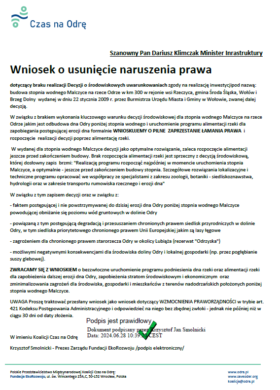 OdraRiver's tweet photo. 📢Stop bezprawiu na Odrze‼️ Dzisiaj wystąpiliśmy oficjalnie (w trybie art. 241 KPA) do Ministra Infrastruktury o PILNE wstrzymanie łamania prawa poprzez nierealizowanie decyzji środowiskowej dla stopnia wodnego Malczyce czyli niedokarmianie rzeki poniżej stopnia. https://t.co/Ba7OSxvIyu