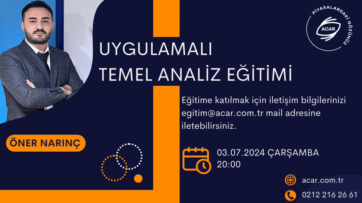 oner_narinc's tweet photo. Temel Analiz Eğitimimize herkesi bekliyoruz🙂

Katılmak için: egitim@acar.com.tr mail adresine iletişim bilgilerinizi iletebilirsiniz https://t.co/f2GX3oFPfX