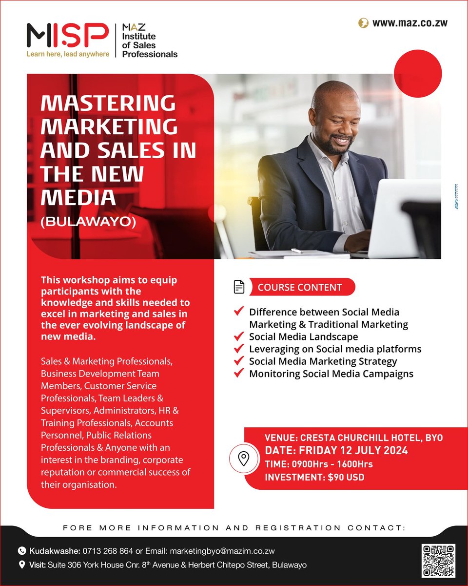 MarketersZim's tweet image. Do not miss out on the chance to enhance your skills and knowledge in the ever evolving landscape of new media. Register and participate in this one day workshop.  "Mastering Marketing &amp;amp; Sales in the New Media" For registration, contact Kuda on 0772 445 758 / 0713 268 864
