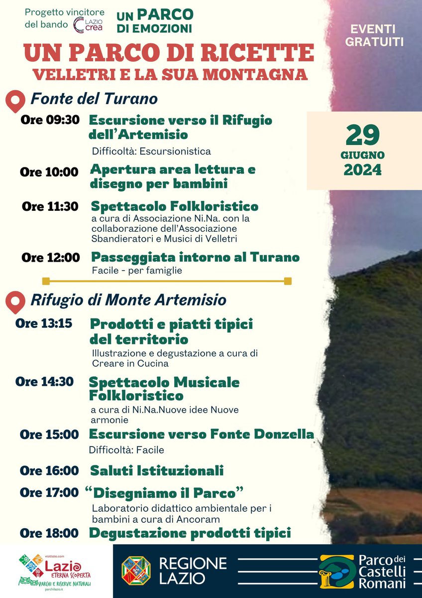 Per il ciclo di eventi legati al progetto “Un Parco di Emozioni”, sabato 29 giugno si svolgerà l’iniziativa gratuita “Un Parco di ricette. Velletri e la sua montagna” 👉 encr.pw/jYgG6