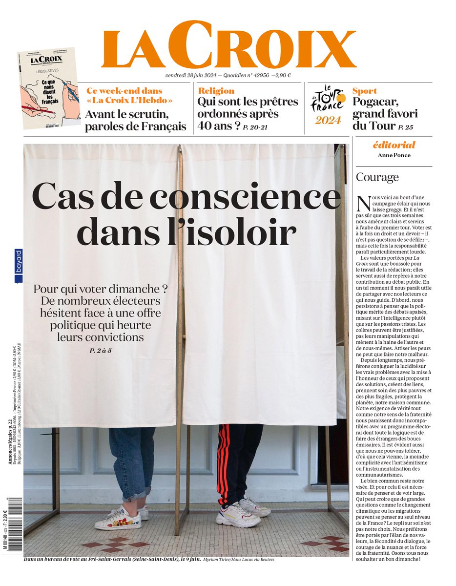 Nous partageons ce vendredi avec nos lecteurs les valeurs qui guident le travail de La Croix. Voici donc mon édito de ce jour, à la veille du week-end de 1 er tour.
la-croix.com/a-vif/legislat…