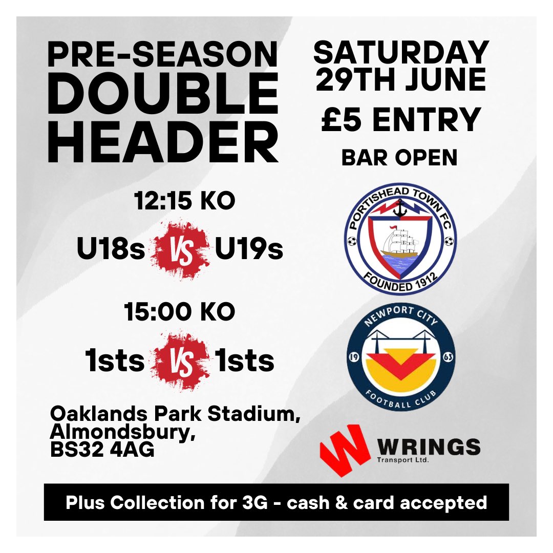 ⚽️ PRE-SEASON DOUBLE HEADER ⚽️

Tomorrow we take over GFA Almondsbury as we welcome <a href="/NewportCity_FC/">Newport City FC</a> . We kick off at 12.15 when our U18s take on Newport U19s before the first teams meet at 15.00.

Come along and support the lads 🙌

#uptheposset ⚪️⚫️ 

<a href="/swsportsnews/">South West Sports News</a>
