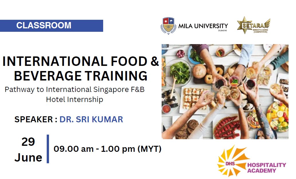 Join our FREE International Food &amp; Beverage Training! 

🗓 29th June 2024, Saturday
⏰ 9 AM – 1 PM
📍 MILA University, Nilai, Negeri Sembilan
Pathway to Singapore Food &amp; Beverage Hotel Internship!
Register for FREE:
nationaltrainingweek.gov.my/courseDetails...