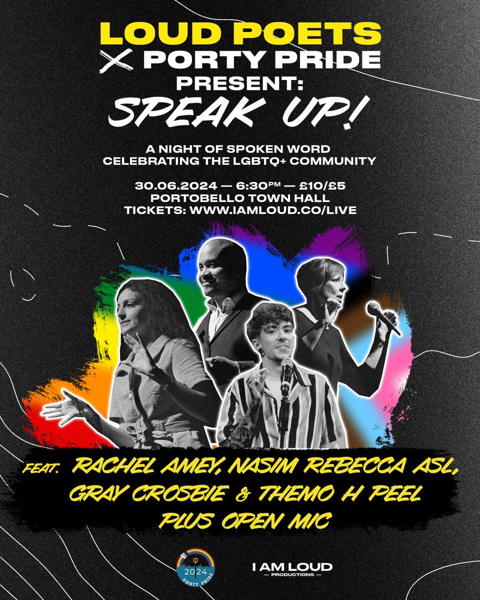 Katie Ailes (@katieailes) on Twitter photo SUNDAY!
Close out @portypride with us for Speak Up! A night poetry celebrating the LGBTQ+ community.
Featuring <a href="/GrayCrosbie/">Gray Crosbie</a> <a href="/nasimrasl/">Nasim Rebecca Asl نسیم اصل</a> <a href="/ThemoHPeel/">Themo H Peel</a> & <a href="/rachelamey70/">rachelamey</a> plus an open mic!
Live BSL interpretation. Step-free access.
6:30pm 30/6. Tix: outsavvy.com/event/20008/lo… #Pride2024 SUNDAY!
Close out @portypride with us for Speak Up! A night poetry celebrating the LGBTQ+ community.
Featuring <a href="/GrayCrosbie/">Gray Crosbie</a> <a href="/nasimrasl/">Nasim Rebecca Asl نسیم اصل</a> <a href="/ThemoHPeel/">Themo H Peel</a> & <a href="/rachelamey70/">rachelamey</a> plus an open mic!
Live BSL interpretation. Step-free access.
6:30pm 30/6. Tix: outsavvy.com/event/20008/lo… #Pride2024
