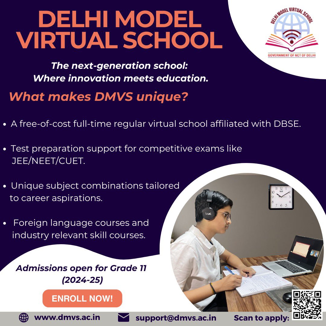 Admissions open in Grade 11, a next-generation full-time virtual school blending technology with innovative pedagogy. It offers a balance between formal education, hobbies, passions &amp; responsibilities.

To apply, visit dmvs.ac.in

Last date to apply – July 14th, 2024