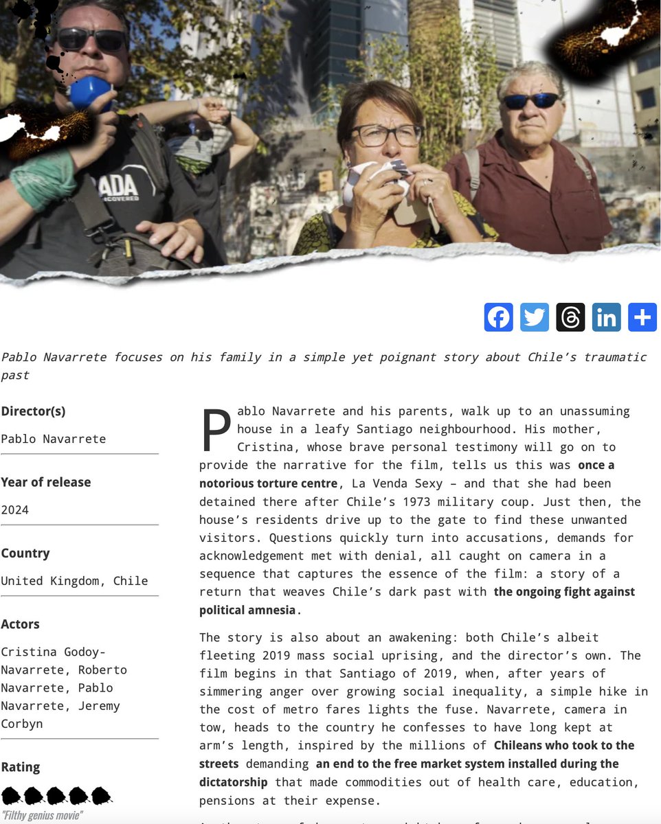 🌟🌟🌟🌟🌟Delighted that my new <a href="/alboradafilms/">Alborada Films</a> documentary <a href="/mothercountry24/">Mother, Country (Documentary)</a> has been given a 5 star review in <a href="/DMovies_org/">DMovies</a>. I thank Marcela Pizarro Coloma for taking the time to engage so thoughtfully with the film. I highly recommend her work on Latin America + especially Chile.