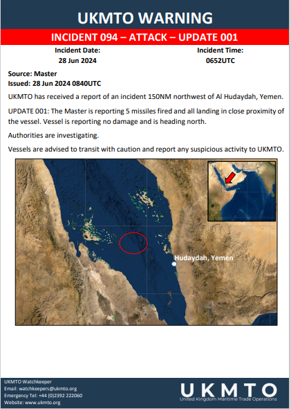 MARITIME SECURITY 🚨 ⚓️

Attack - Red Sea.

Master reported 5 missiles fired at the ship, all of which landed in close proximity to the vessel. No damage reported. Vessel continues northbound.