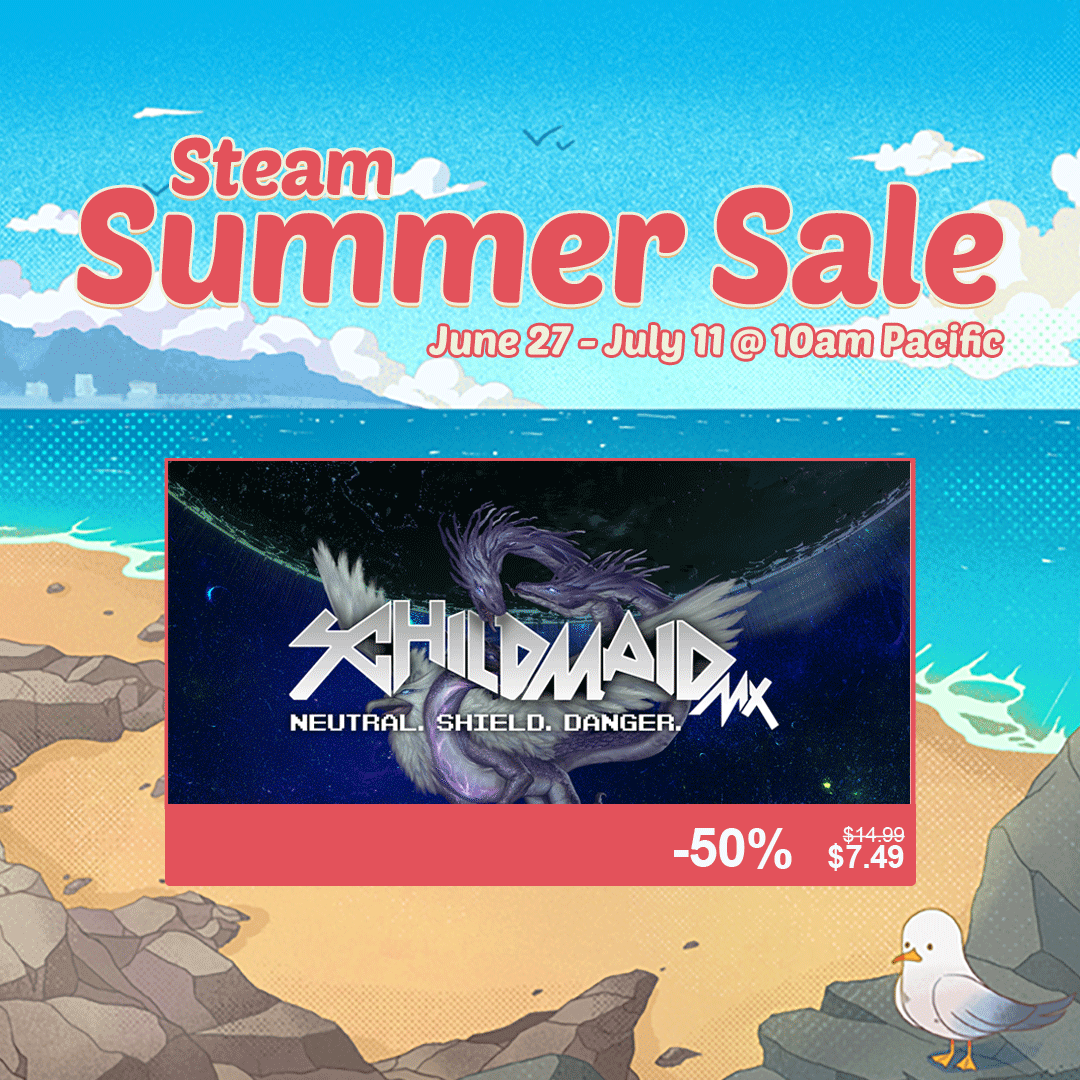 #steamsummersale2024 is here and  you can get our bullet collectin' #shmup #SchildmaidMX with 50% off!  

Don't forget: coming with this year's console release is a free final update that adds 2 game modes and other features. 

Link below!  #indiegame #pixelart #STG同好会
