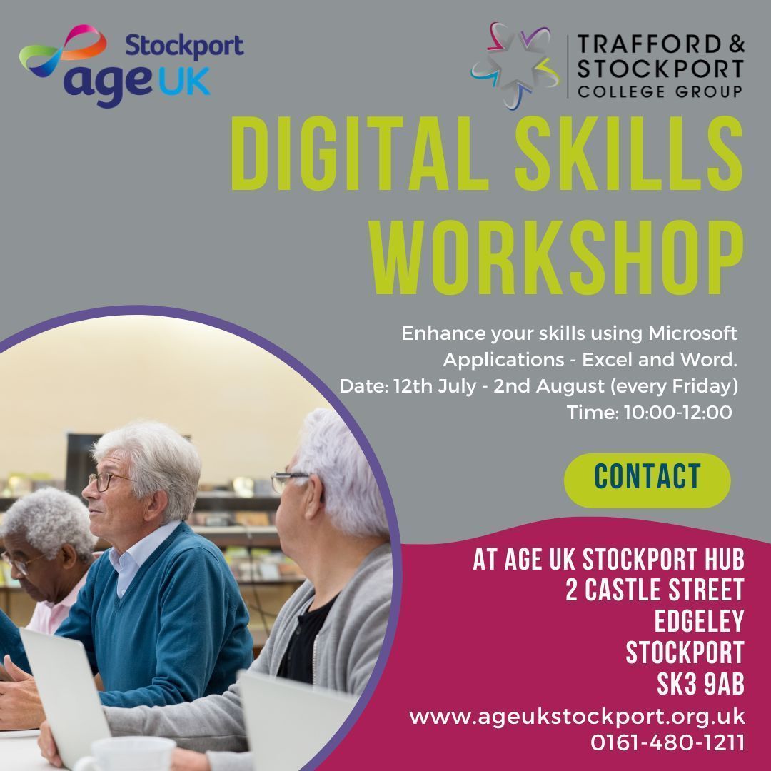 Would you like to enhance your digital skills 💻  using - Excel and Word? Then come along to our free digital skills workshop starting Friday 12th July 10 – 12 

Book a place call 0161 480 1211 or email info@ageukstockport.org.uk 
More info buff.ly/2IUnL9l 
#DigiKnow