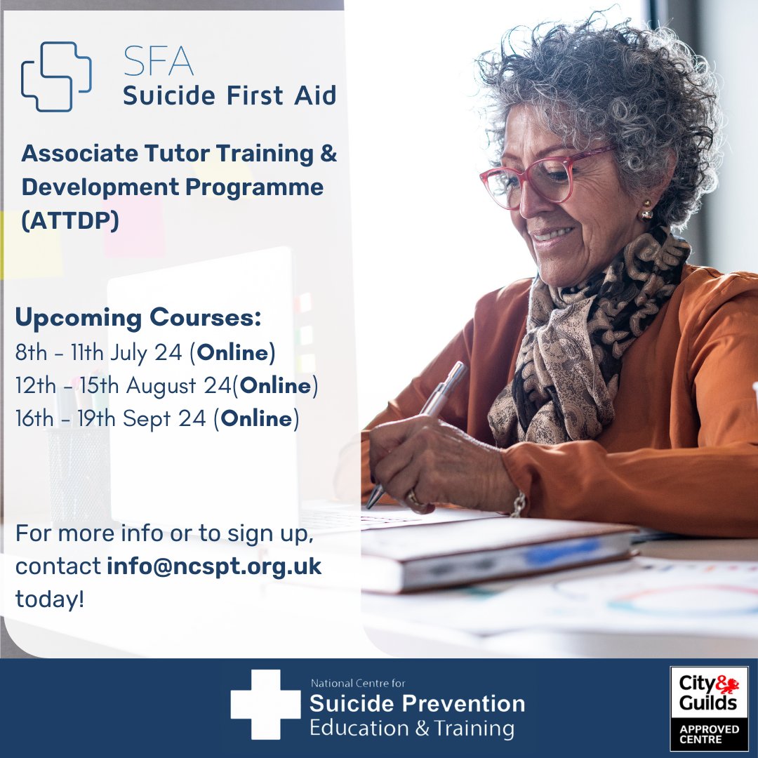 NCSPET_UK's tweet image. 📢 Spaces Still Available:
8th - 11th July 2024
12th - 15th August 2024
16th - 19th September 2024
(All online via Zoom)

To learn more about this course or apply, please contact info@ncspt.org.uk today!

#suicideprevention #tutortraining #mentalhealth #mentalhealthmatters