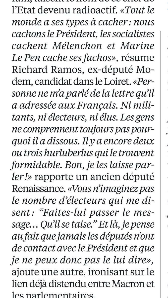 « Tout le monde a ses types à cacher : nous cachons le président, les socialistes cachent Mélenchon, et Marine Le Pen cache ses fachos » 
Cette citation de @_richardramos dans le papier de <a href="/LaureEquy/">LaureEquy</a> et <a href="/jbdaoulas/">JeanBaptiste Daoulas</a> dans <a href="/libe/">Libération</a> sur la campagne que mène la macronie malgré Macron 👌