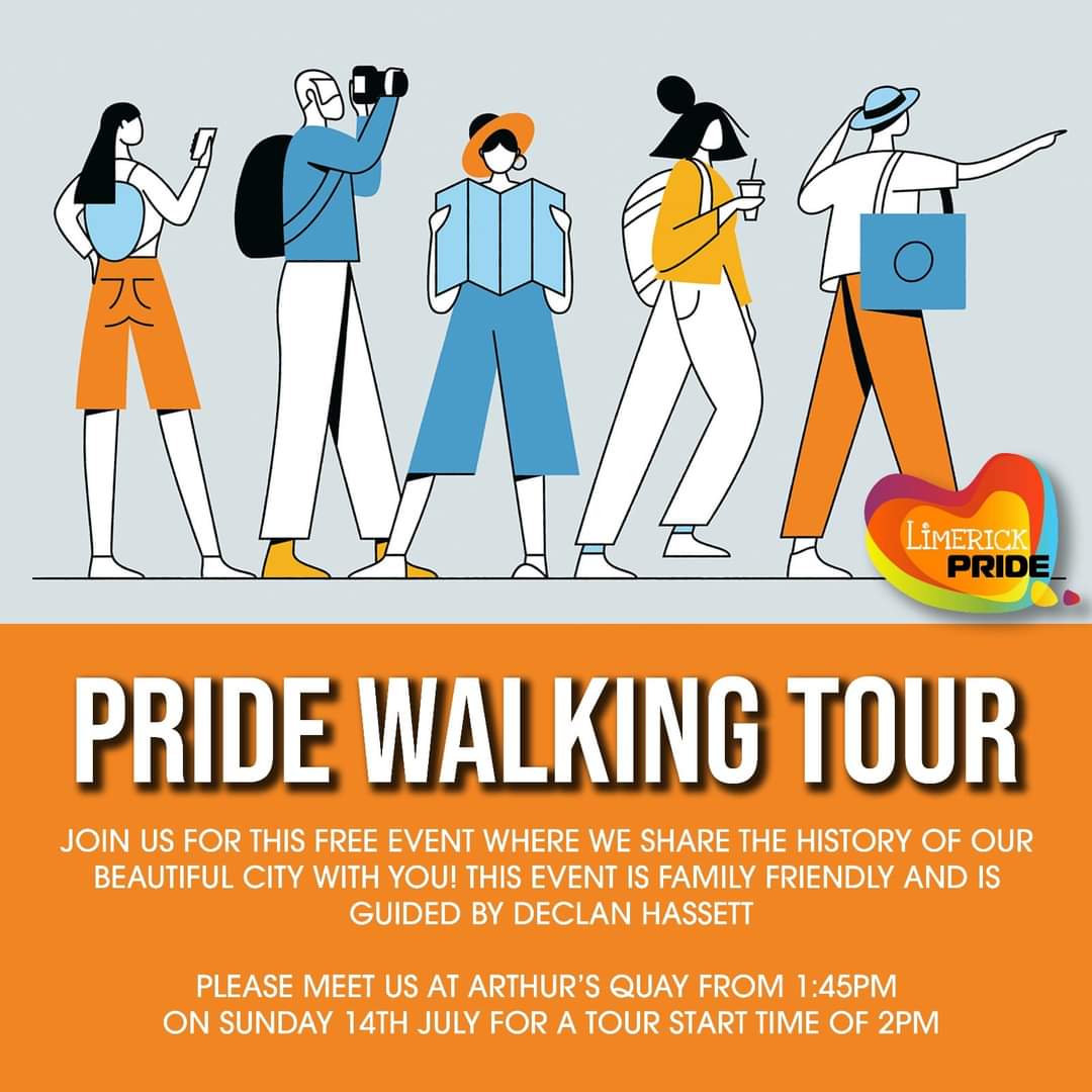 limerickpride's tweet photo. On Sunday, July, 14th the Pride Walking Tour will close off a week-long of events with experienced tour guide Declan Hassett.
Declan will captivate you with stories of Limerick city.
Free event.
#limerickpride #Limerick #walkingtour #history #limerickhistory #Pride https://t.co/I6BxUeuLop