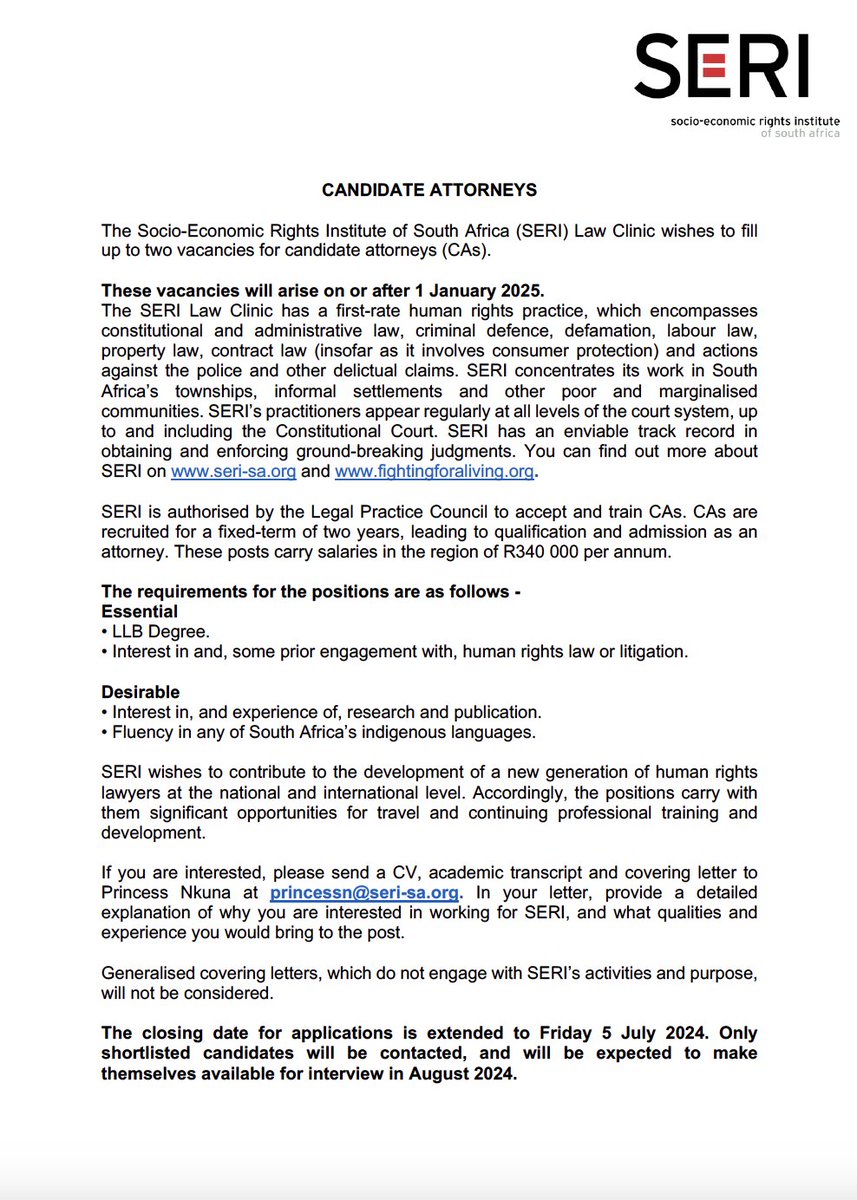 SERI_RightsSA's tweet image. [IMPORTANT UPDATE] We have extended our application deadline for candidate attorneys to Friday, 5 July 2024. Don't miss this opportunity to join our team in 2025! Details in link below 
| tinyurl.com/3py6st9j