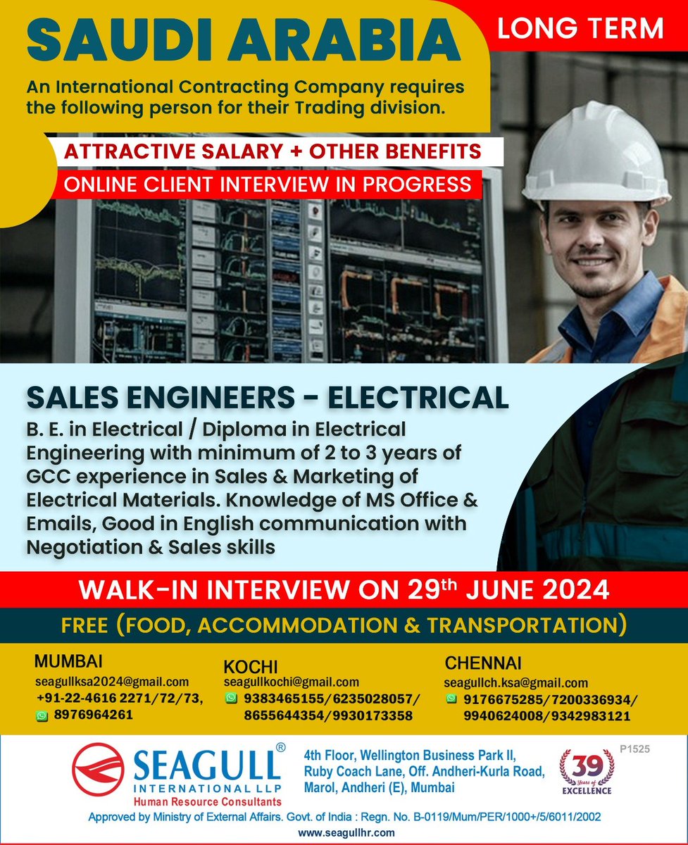 hrd1_seagull's tweet photo. 🇸🇦Saudi Arabia Jobs 
‼️ Long Term Project 
 💻 Online Client Interview In Progress 
📝Walk In Interview On 29th June 2024
📍Location - Mumbai , Kochi &amp; Chennai 
.
.
.
#saudiarabiajobs #seagull #salesengineers #electrical #engineers https://t.co/dTTvLceyzZ