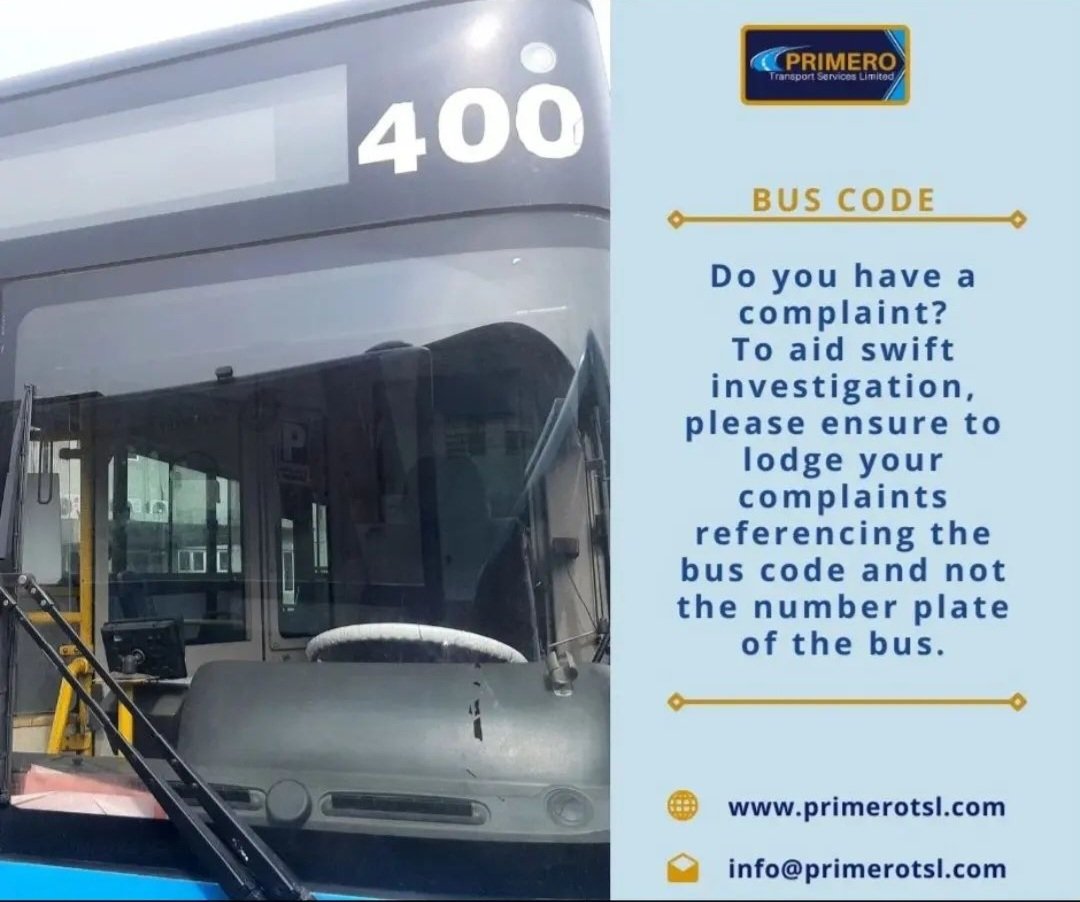 PrimeroTSL's tweet image. Do you have a complaint?
To aid swift investigation, please ensure to lodge your complaints referencing the bus code and not the number plate of the bus.

#importantinformation #BRT #buscode #primerotsl