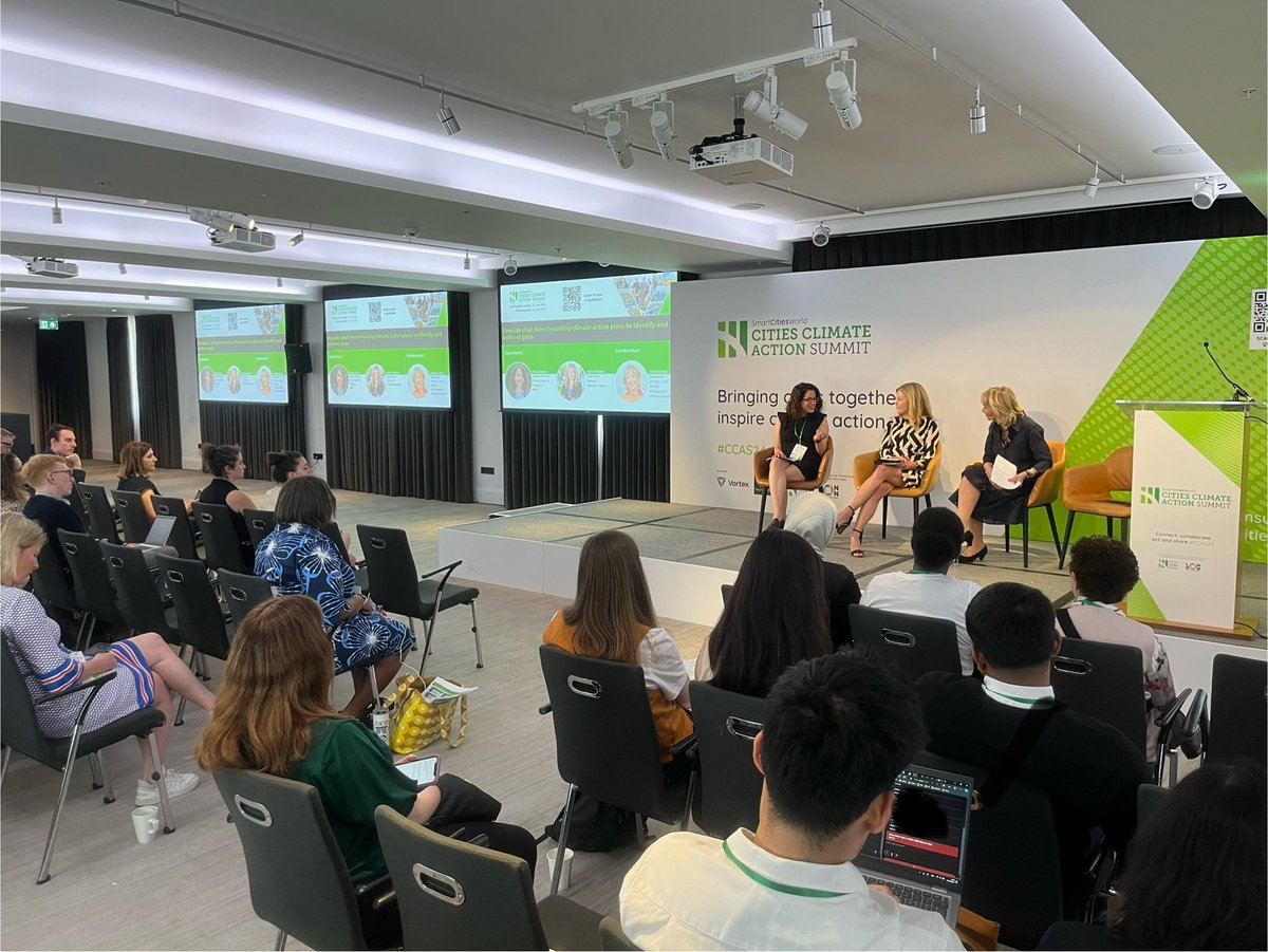 CDP's tweet photo. A busy #LondonClimateActionWeek continues for @CDP! @MaiaKutner joined @SmartCitiesW #CCAS24 to discuss the centrality of data - and of reporting - to identifying and addressing #ClimateAction gaps, such as on adaptation measures. Thank you @KateMeisWright @sandrambaer @ClimateMayors for joining and moderating the discussion!