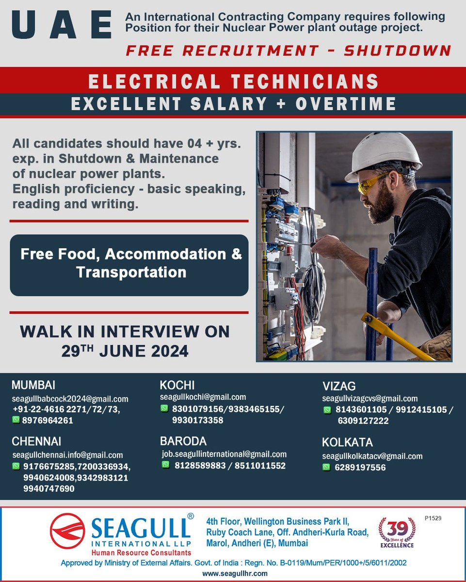 hrd1_seagull's tweet image. 🇦🇪UAE Jobs 
✔Free Recruitment - Shut Down Project
📝Walk In Interview On 29th June 2024
📍Location- Mumbai , Kochi , Vizag , Chennai , Baroda &amp;amp; Kolkata 
.
.
.
#uaejobs #seagull #electricaltechnicians #technicians