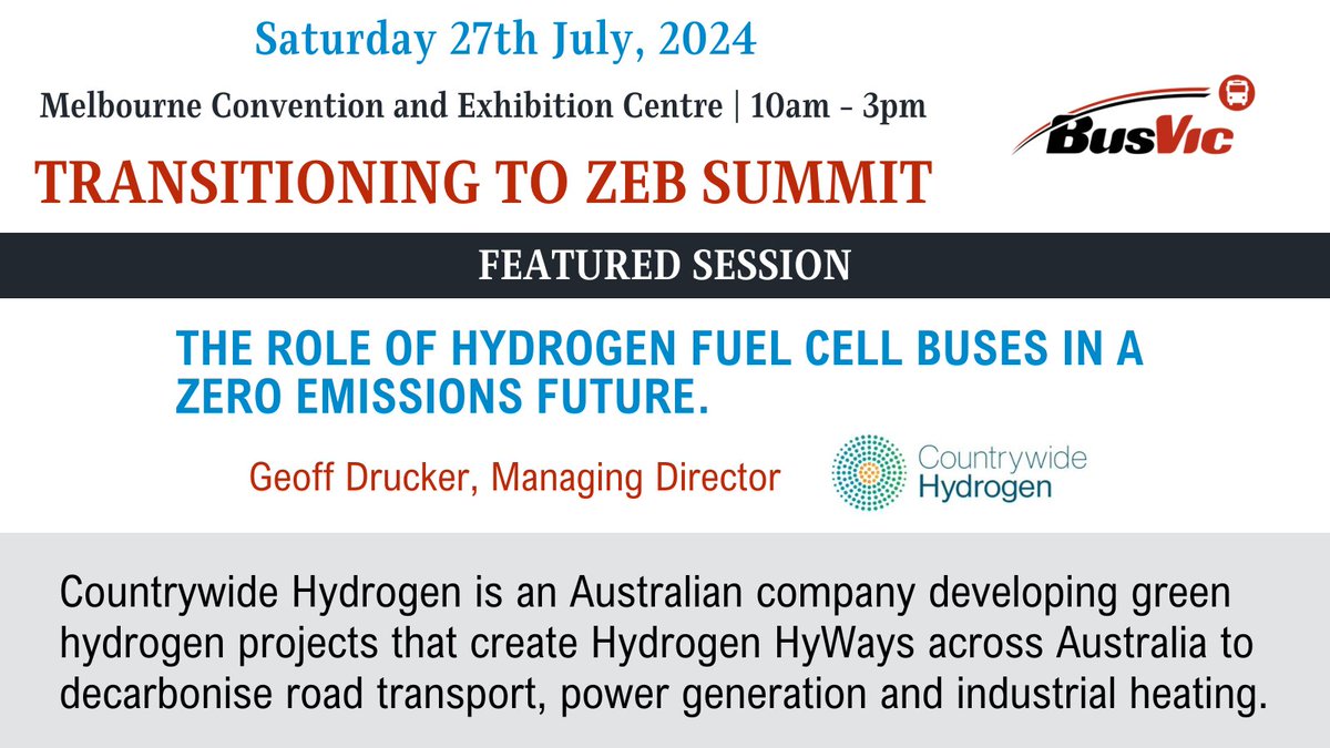 This session by Geoff Drucker from Countrywide Hydrogen will be invaluable for any firm considering a transition to hydrogen fuel cell electric buses.

Details &amp; Registration: busvic.asn.au/node/16184

#ZEB #ZeroEmissionBuses #BusVic