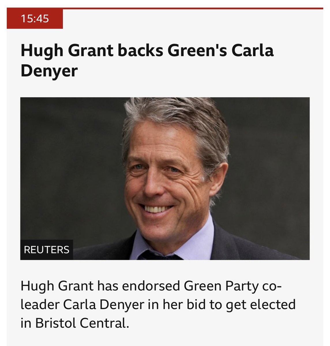 Bristol Green Party (@bristolgreen) on Twitter photo In case you missed it - Hugh Grant (aka <a href="/HackedOffHugh/">Hugh Grant</a>) has endorsed <a href="/carla_denyer/">Carla Denyer</a> for Bristol Central!
He said, โItโs so refreshing to see a politician with integrity, who puts the public first.โ ๐
bbc.co.uk/news/live/c722โฆ In case you missed it - Hugh Grant (aka <a href="/HackedOffHugh/">Hugh Grant</a>) has endorsed <a href="/carla_denyer/">Carla Denyer</a> for Bristol Central!
He said, โItโs so refreshing to see a politician with integrity, who puts the public first.โ ๐
bbc.co.uk/news/live/c722โฆ