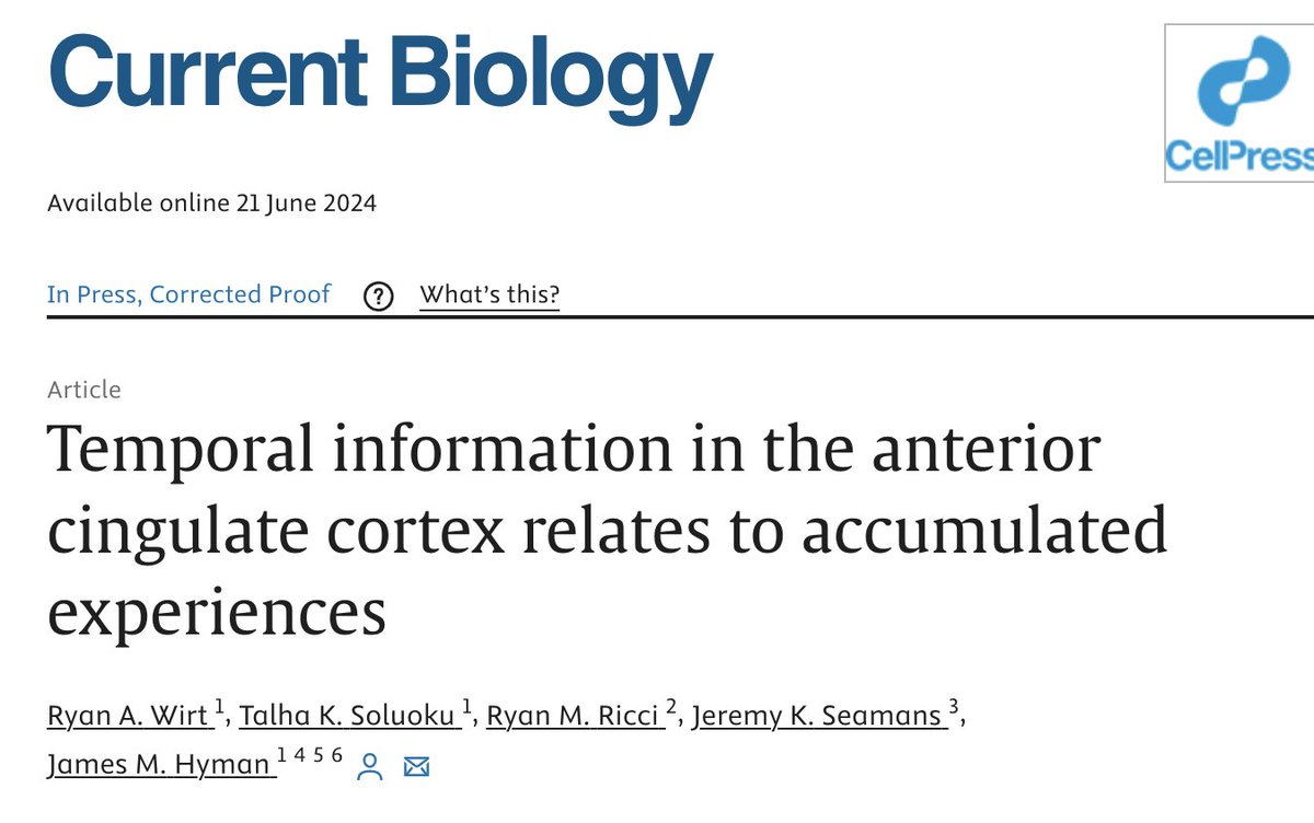 Very cool paper by <a href="/JamesMHyman/">James Hyman</a> and team showing that "time coding" in the anterior cingulate cortex is not about pure time but accumulated behavioral experience. 
🙏 for linking this to my  "Lost in Time" article James.

sciencedirect.com/science/articl…