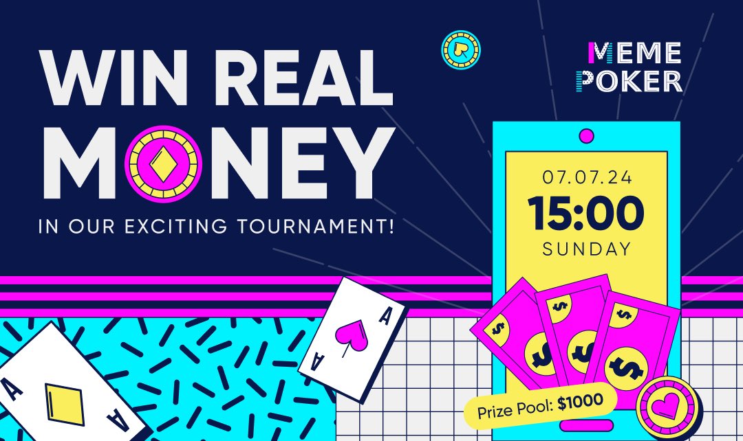 Join our tournament on 07.07.24 at 15:00 UTC and win real money! 🎉 Earn just 5 Points to enter. Prize pool: $1000, with 20 players winning $50 each. Limited to 5,000 participants. Find more details on our announcement channel! Don't miss out!

t.me/meme_poker_ann…
