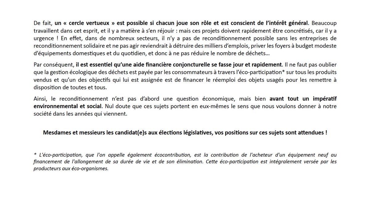 📢 Dans un contexte où l'économie circulaire est cruciale pour la transition écologique, le réseau &amp; la Fédération Envie appellent les candidat(e)s aux élections législatives à soutenir la filière du réemploi/reconditionnement solidaire.
#LegislativesAnticipées #RéemploiSolidaire