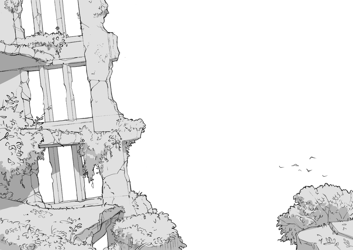 瓦礫を描くのは楽しいので、絵の中で物を壊していきませう('-`)