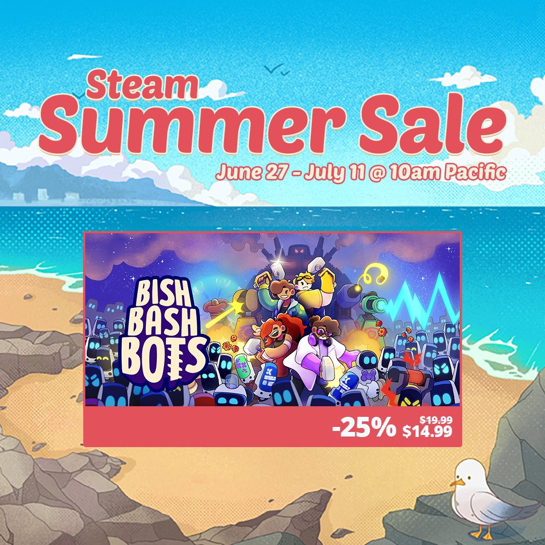 Fancy bashing some bots this summer? Bish Bash Bots in on sale during the Steam Summer Sale!

25% off so you can enjoy a nice summer with hammers, turrets, bots and some crazy multiplayer action!

store.steampowered.com/app/1424860/Bi…

#TowerDefense #SteamSummerSale