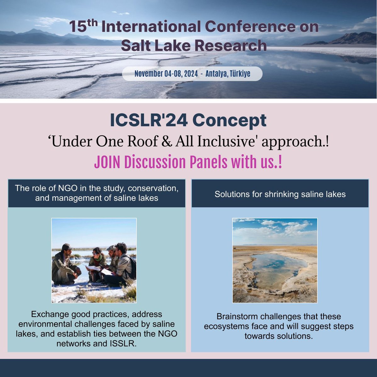 Join us for ICSLR'24, the 15th International Conference on Salt Lake Research, in Antalya, Türkiye, November 4-8, 2024.
We look forward to your contribution to pioneering research on salt lake ecosystems.

dropbox.com/scl/fo/vwpdzn0…