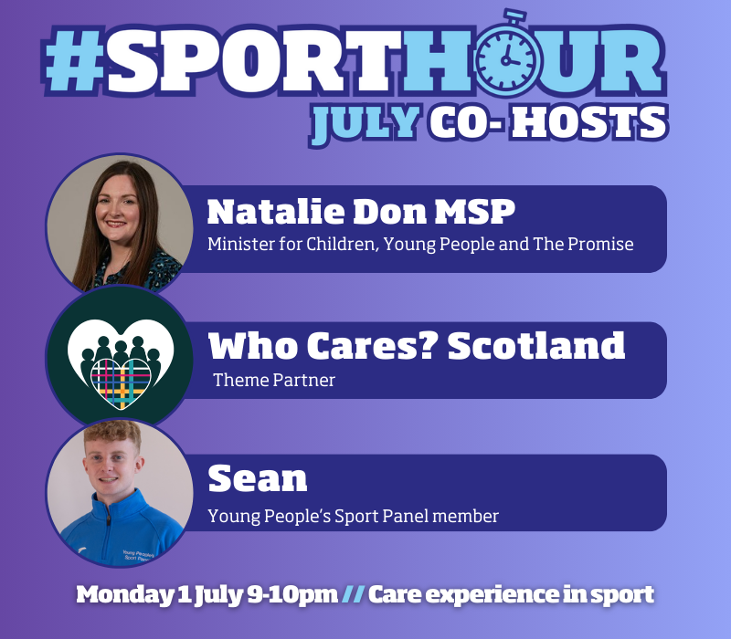 sportscotland (@sportscotland) on Twitter photo ⏰ #SportHour | Meet the co-hosts
We're delighted to have <a href="/NatalieDon_/">Natalie Don-Innes MSP</a>, <a href="/whocaresscot/">Who Cares? Scotland</a> and <a href="/ssaundersss/">Sean</a> joining us for Monday's discussion on care experience in sport.
Here's a reminder of how to get involved and a preview of the questions 👇 sportscotland.org.uk/about-us/sport… ⏰ #SportHour | Meet the co-hosts
We're delighted to have <a href="/NatalieDon_/">Natalie Don-Innes MSP</a>, <a href="/whocaresscot/">Who Cares? Scotland</a> and <a href="/ssaundersss/">Sean</a> joining us for Monday's discussion on care experience in sport.
Here's a reminder of how to get involved and a preview of the questions 👇 sportscotland.org.uk/about-us/sport…