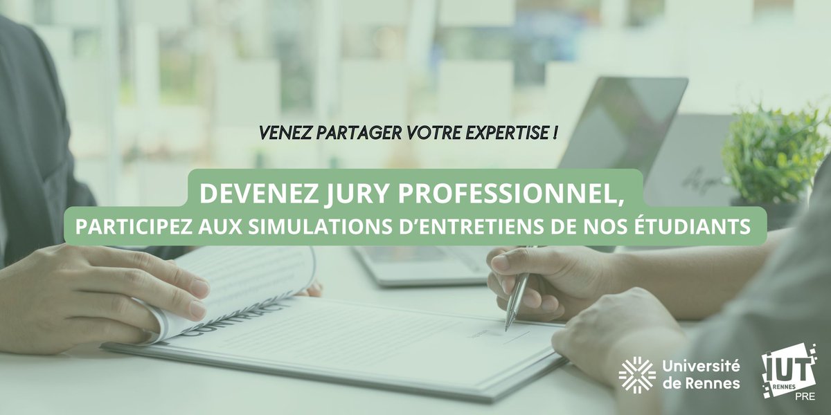 IUT de Rennes (@iutrennes) on Twitter photo 📢 L'IUT de Rennes recherche des jurys ! 🎓
Nous recherchons des jurys pour nos simulations d’entretiens, organisées à différents moments clés de l’année afin de partager leur expertise avec la prochaine génération de professionnels.
=> iutrennes-entreprises@univ-rennes.fr 📢 L'IUT de Rennes recherche des jurys ! 🎓
Nous recherchons des jurys pour nos simulations d’entretiens, organisées à différents moments clés de l’année afin de partager leur expertise avec la prochaine génération de professionnels.
=> iutrennes-entreprises@univ-rennes.fr