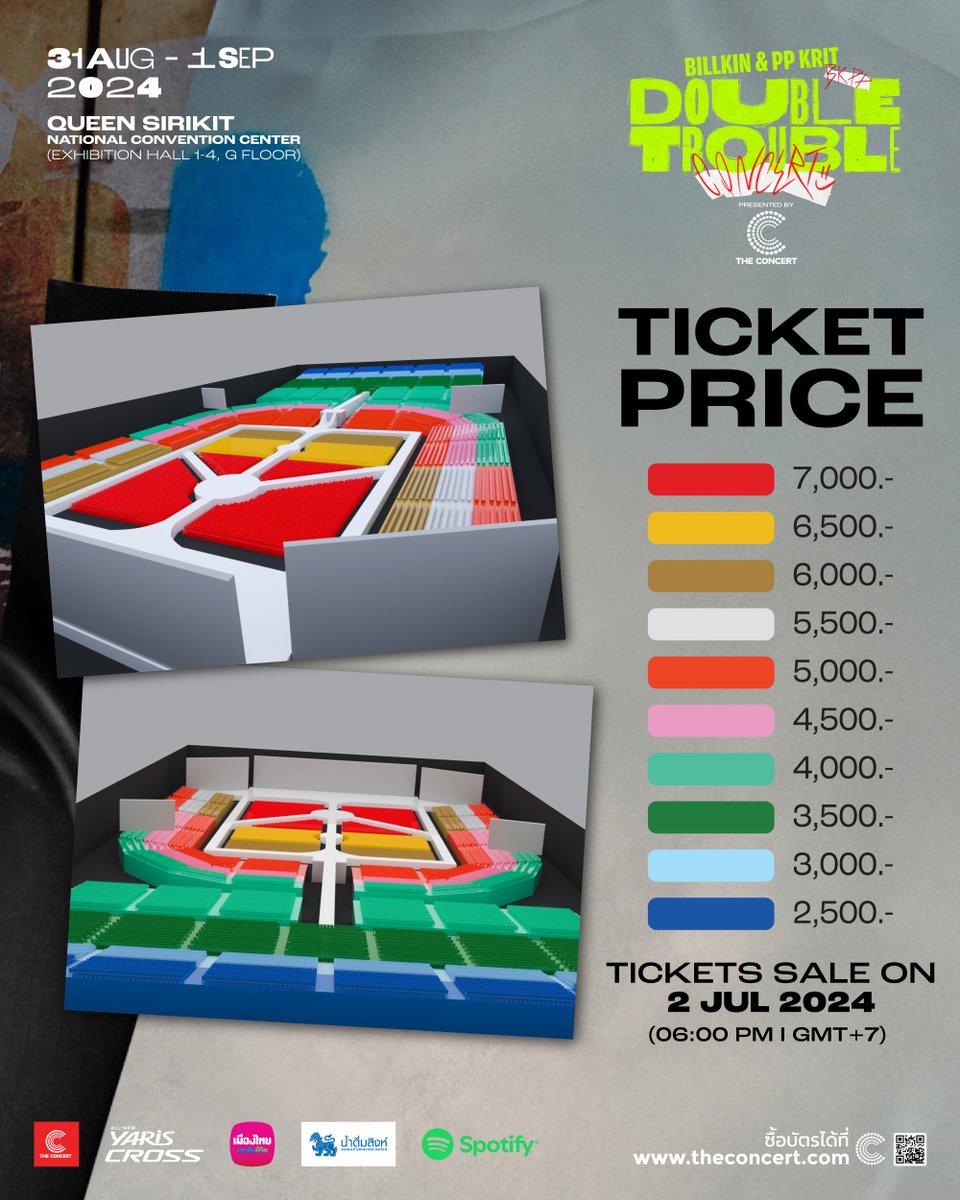 Billkin_Ent's tweet photo. ประกาศอัปเดตผังที่นั่งสำหรับงาน Billkin & PP Krit | DOUBLE TROUBLE CONCERT Presented by The Concert Application 
——
Announcement Seating map update for The Billkin & PP Krit | DOUBLE TROUBLE CONCERT Presented by The Concert Application 
——
The Concert 应用程序提出的 Billkin & PP Krit | DOUBLE TROUBLE CONCERT 更新座位安��表的通知

#เปิดผังDoubleTroubleConcert

——

จำหน่ายบัตร (สำหรับสิทธิ์ซื้อ Pre-sale)
🎫 30 June 2024 (10:00 AM - 10:00 PM | GMT+7)

จำหน่ายบัตร
🎫 2 July 2024 (6:00 PM | GMT+7)

-----

🗓️ Sat, 31 Aug 2024 (7:00 PM | GMT+7)
🗓️ Sun, 1 Sep 2024 (6:00 PM | GMT+7)
📍 Exhibition Hall 1-4, G Floor, Queen Sirikit National Convention Center

-----

🎫 ราคาบัตร (THB): 7,000 / 6,500 / 6,000 / 5,500 / 5,000 / 4,500 / 4,000 / 3,500 / 3,000 / 2,500
🎫 Live Streaming Ticket (THB): 1,200/ต่อรอบการแสดง (E-Ticket)
📱 The Concert Application & Website

#DoubleTroubleConcert
#BillkinEntertainment
#PPKritEntertainment
#Bbillkin #PPKritt