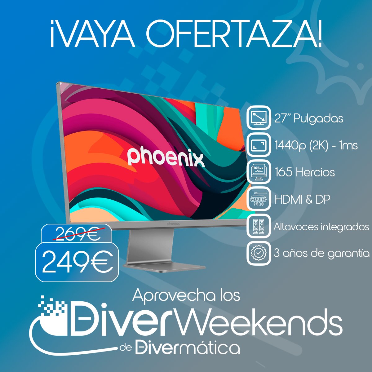 Divermatica_XRY's tweet photo. Aprovecha este #diverweekend y llévate un monitor nuevo de 27" con 165Hz de refresco por tan solo 249€!!!

#OFERTON #divermatica #Monitores #gaming https://t.co/F4bqPUYWDF