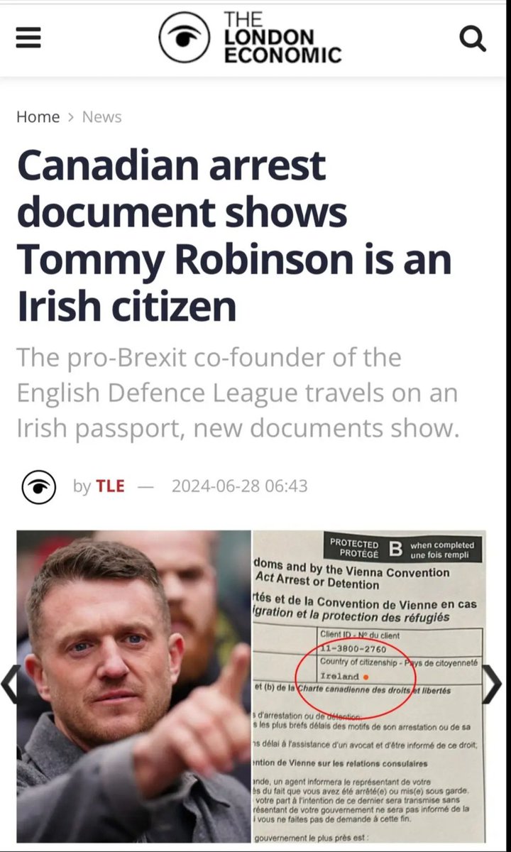Fancy that.  That English "patriot" Tommy Robinson claims to be an EU citizen and travels on an Irish passport.

Who woulda thunk it?