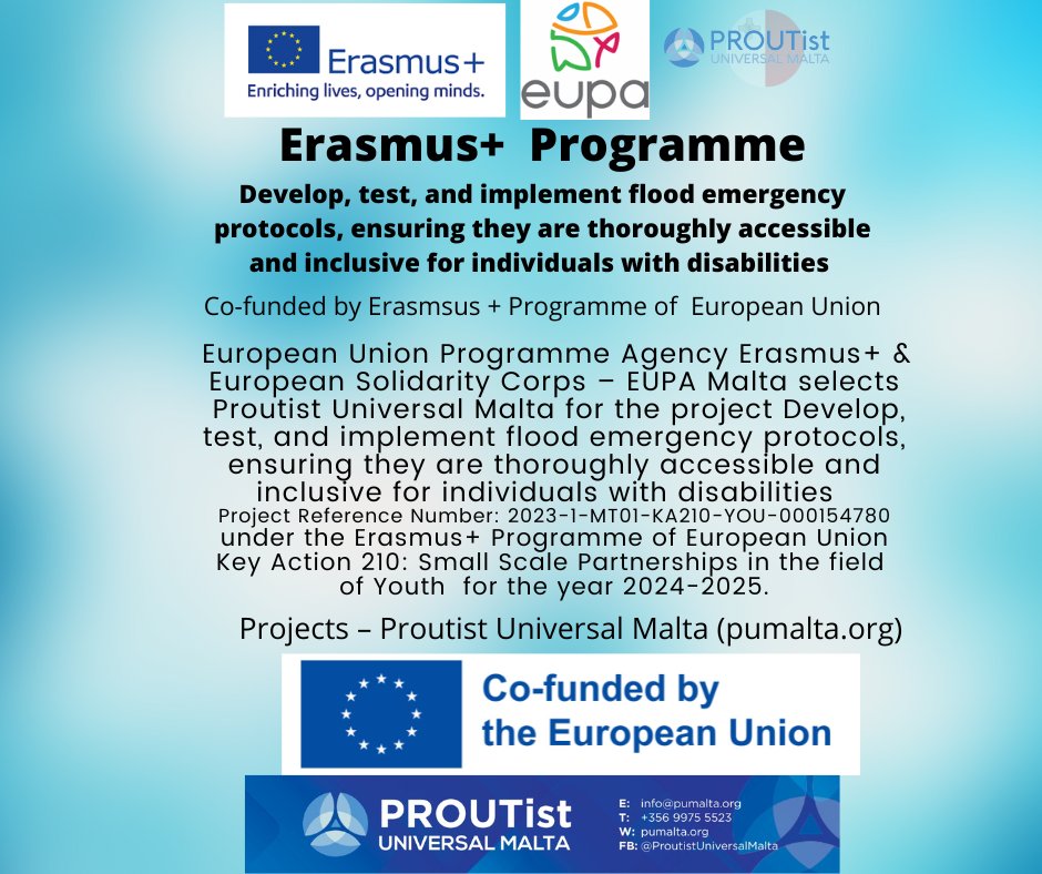 pumalta1's tweet photo. EUPA selects PU Malta for the project Develop, test, and implement flood emergency protocols, ensuring they are thoroughly accessible and inclusive for individuals with disabilities  under the Erasmus+ Programme of European Union Key Action 210: Youth for the year 2024-2025. https://t.co/wYvdqpBkOb
