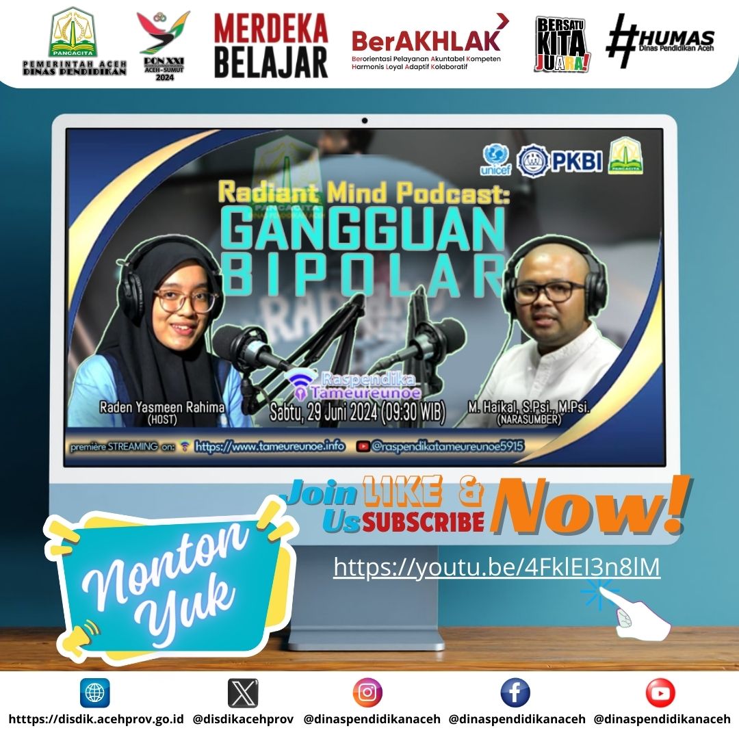 disdikacehprov's tweet photo. π, Assalamu'alaikum #SahabatCaroeng!,
Ada kabar keren nih! Episode 2 dari 6 video podcast terbaru
Raspendika Tameureunoe: Radiant Mind Podcast "Gangguan Bipolar" bakal tayang perdana! π
Join streaming-nya di link ini: https://t.co/Piw0NgHvjH
#PodcastRaspendika #RadiantMind https://t.co/0peBAOSaGY