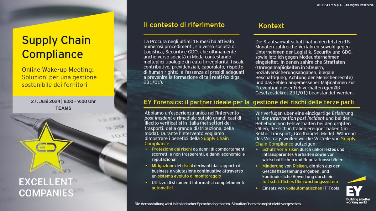 ECompaniesEU's tweet photo. Supply Chain Compliance war das Thema unseres Online-Frühstücks, zu dem uns unser Netzwerkpartner https://t.co/3djilLSTWw eingeladen hat.

Mehr Infos hier: https://t.co/Wk7cvwzzol

#OnlineFrühstück #SupplyChainCompliance #EY #Business #TheCorporateFamily #ExcellentCompanies https://t.co/eMi6gFp0xz