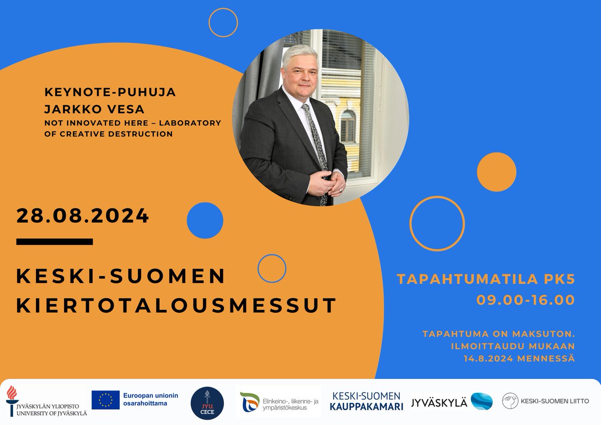Outi_Pakarinen's tweet photo. Tervetuloa Keski-Suomen #kiertotalous'messuille 28.8.2024! Osallistujia nyt noin 80, paikkoja rajallinen määrä. Ilmoittaudu mukaan viimeistään 14.8. 
#CECE #kiertotaloudenosaamiskeskittymä #kriittisetraakaaineet #biomassa #puhdasvesi https://t.co/J83BqK6MV6