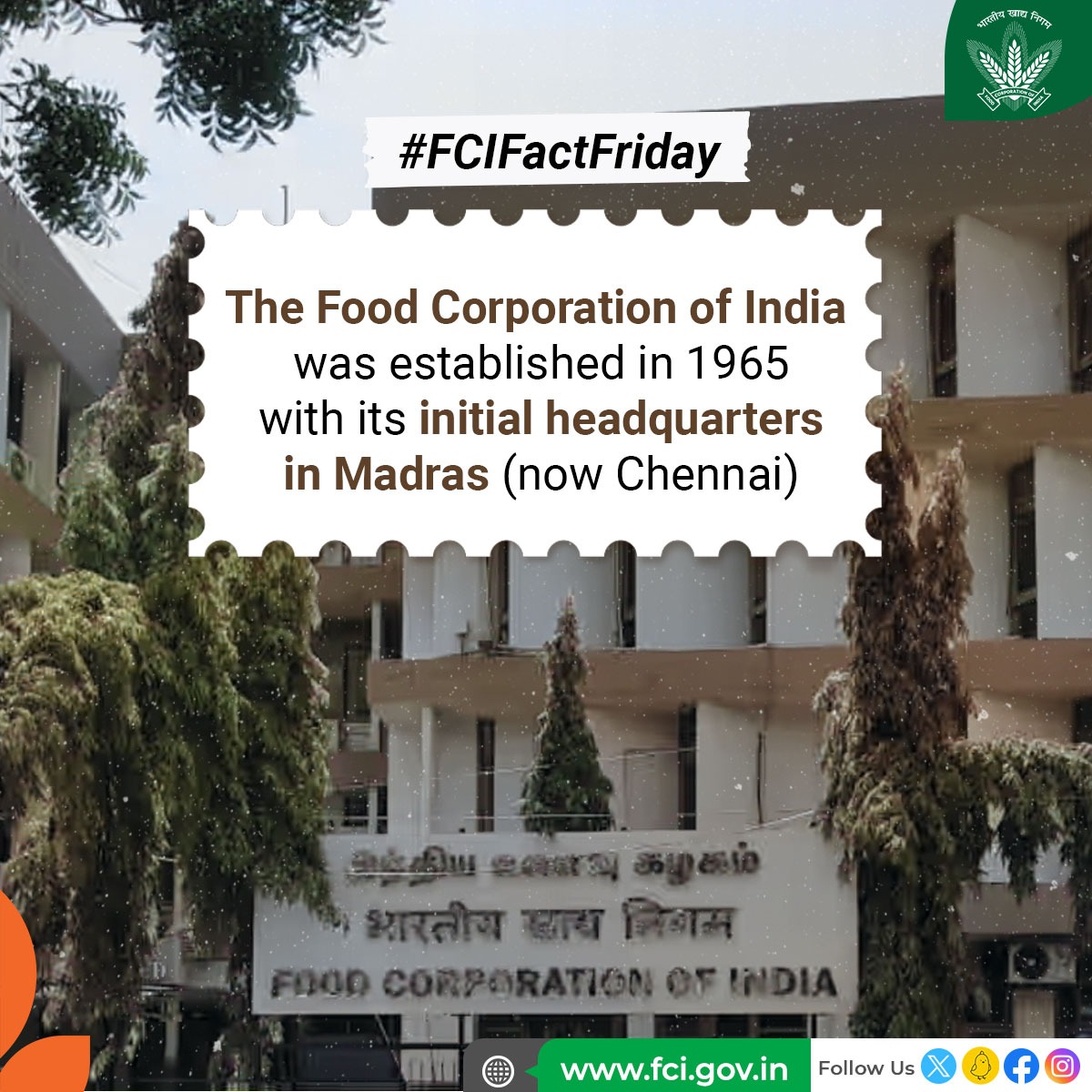 FCI_India's tweet photo. #FCIFactFriday: Established in 1965, the Food Corporation of India began its journey with headquarters in Madras (now Chennai), ensuring food security across the nation.
#FoodCorpIndia #HistoryOfFCI https://t.co/esRlNQt6MS