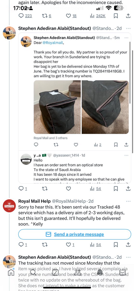 Standout_ade's tweet photo. @RoyalMail Sunderland.   still yet to receive this bag since 17th June. Tracking number: TQ284118418GB. Please kindly help to deliver the bag or send back to sender. Please!!! Been patiently waiting to no avail. https://t.co/cV2q91Yjld