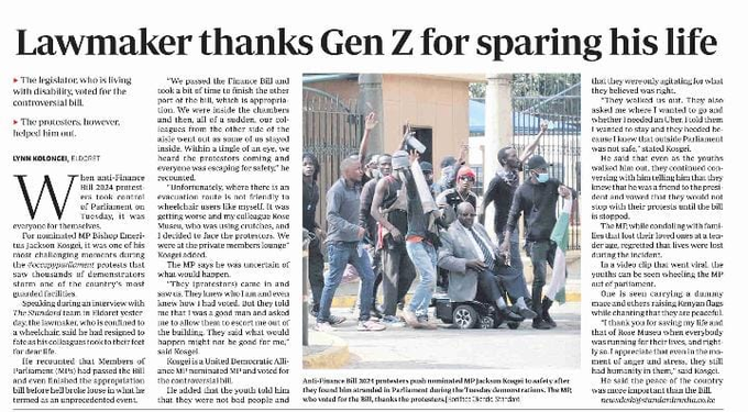 liaison54538's tweet photo. How Gen Zs rescued a 'Yes' MP as rioters stormed Parliament. via/The Standard
#March2Parliament #StopCorruption #RutoMustGo #Roadtostaehouse #OccupyStateHouseNairobi #FinanceBill2024? #RutoMustGoHome #RutoIsAWesternPuppet https://t.co/qPFiMxJEoY