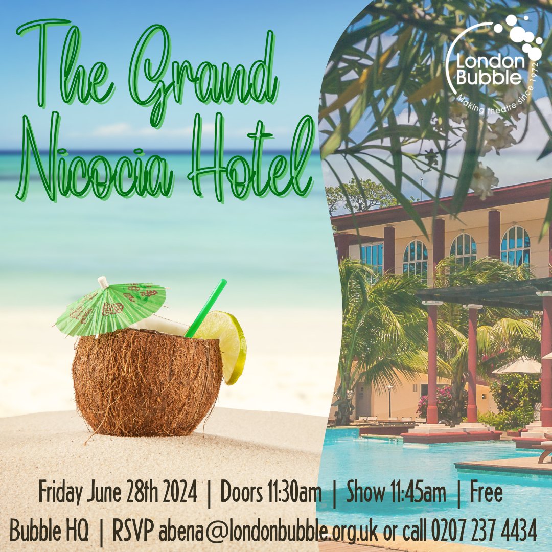 Tea Break Theatre presents: 👙 ⛱️THE GRAND NICOCIA HOTEL🎒✈️

A relaxed performance with light audience participation.

📅 Today
🕓 11.45am-12.30pm (Doors 11.30am)
📍Bubble HQ, 3-5 Elephant Lane, SE16 4JD
💳 Free (no booking required)

Everyone welcome! 
Refreshments provided!