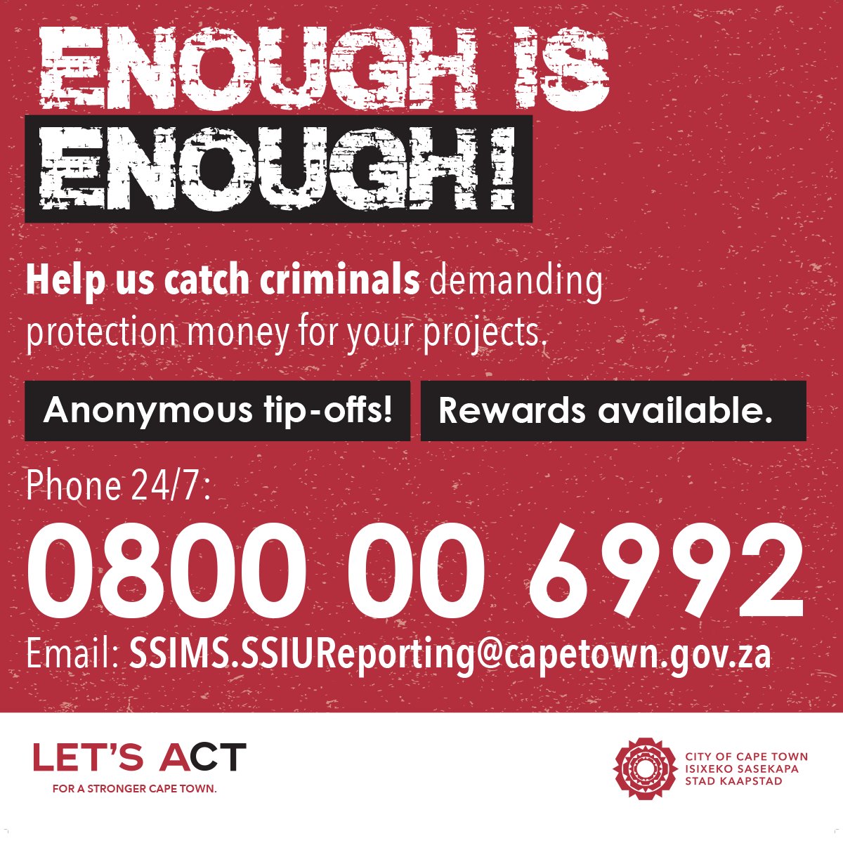 CityofCT's tweet image. Stand together to end extortion 

#EndExtortion and help us to keep service delivery going in our communities. 

Let’s stand together against these criminals. 

Anonymous tip offs welcome. 

#EndExtortionCT